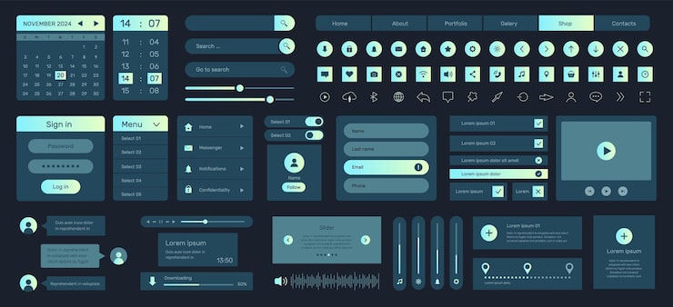 Vector 인터페이스 앱 ui 내비게이션 검색 바 등록 로그인 프레임 달력 또는 메신저 ux 요소 모바일 화면 태블릿 버튼 레이아웃 인터넷 위 터 디스플레이 메뉴 템플릿 설정