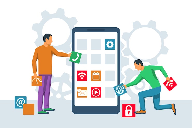 Vector interface development design mobile app mobile technology team small people programmer building application blocks on screen of smartphone vector flat design software development process