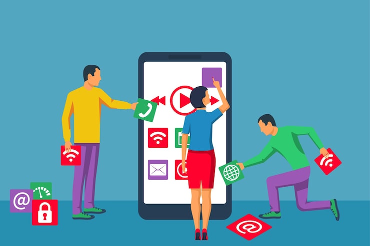 Vector 界面开发,设计移动应用程序. 移动技术. 小团队,程序员在智能手机屏幕上构建应用程序块. 矢量平面设计. 软件开发过程.