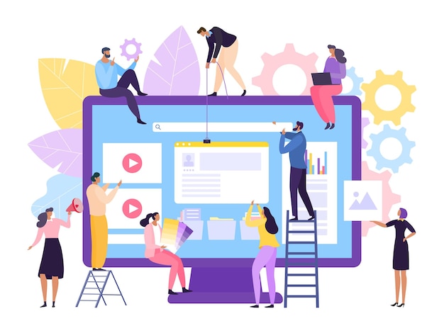 Web フラット スクリーン デザイン ベクトル イラスト人々 でのインターフェイス開発 ui とのチームワーク