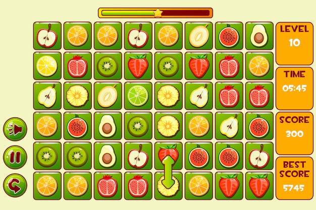 Interfaccia fruit match 3 games. frutti diversi, icone di risorse di gioco e pulsanti