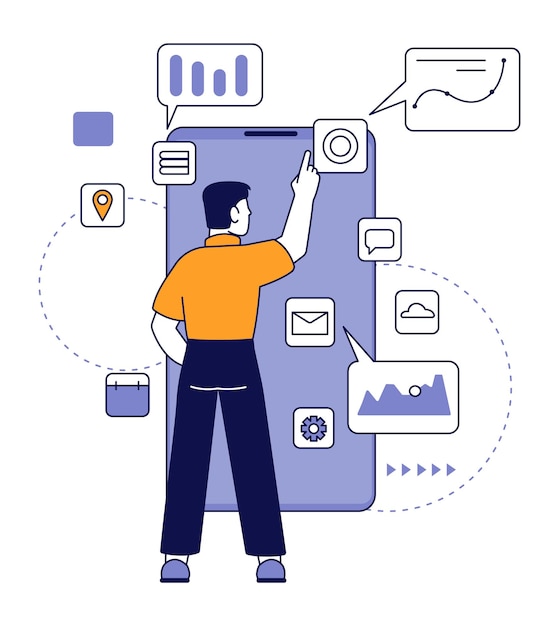 Interface-ontwerpconcept. Man die dashboardelementen op het scherm plaatst. vector illustratie