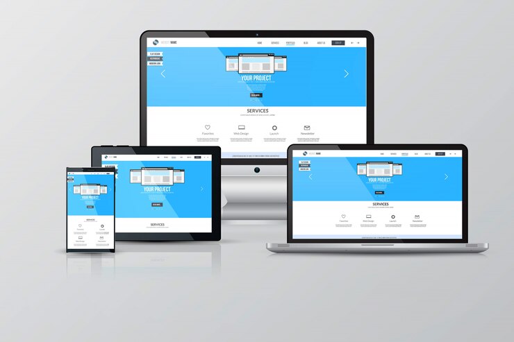 Vector interface page on different devices: laptop, computer, monitor, tablet, smartphone
