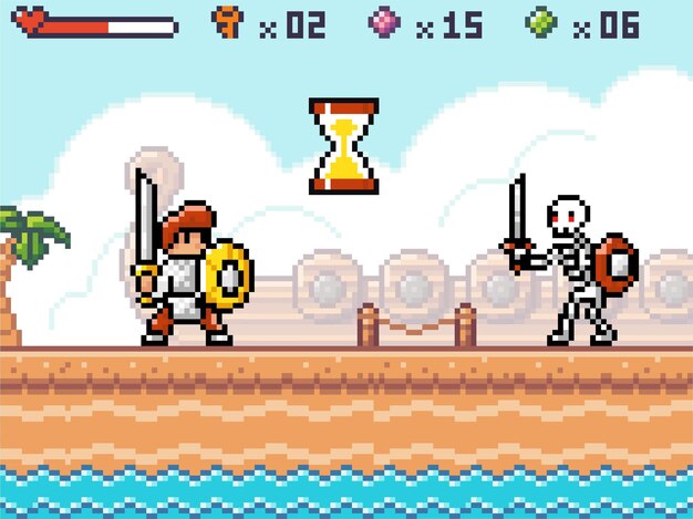 Vector interface of pixel game, hero or character knight ready to fight with skeleton