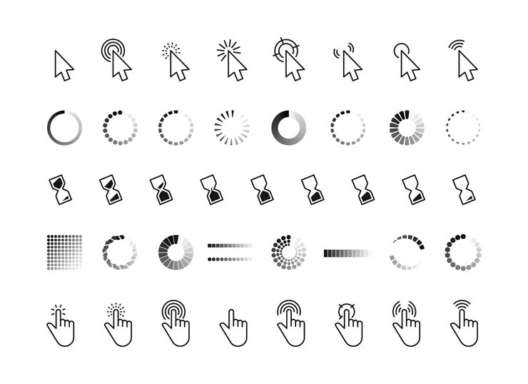 Vector interface progress cursor pointer mouse click arrow connection loading and pointing hand web symbols computer interface buttons vector set
