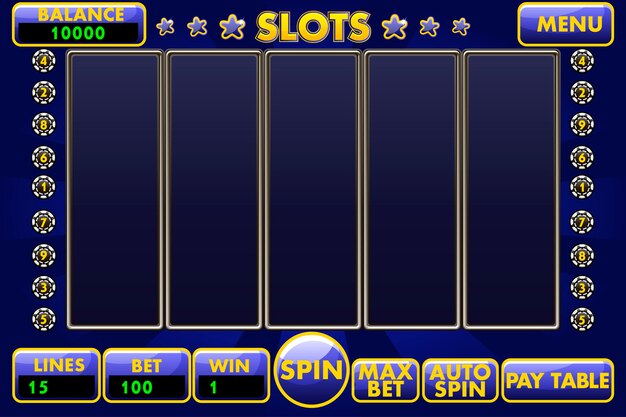 Interfaccia slot machine di colore blu. menu completo di interfaccia utente grafica e set completo di pulsanti per la creazione di giochi da casinò classici.