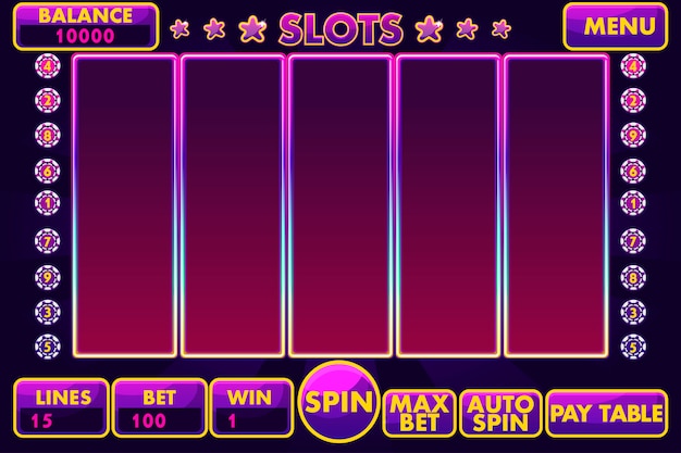 Interfaccia slot machine di colore viola. menu completo di interfaccia utente grafica e set completo di pulsanti per la creazione di giochi da casinò classici.