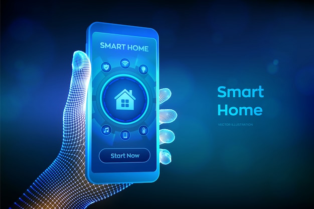 Interface of smart home automation assistant on a virtual screen. Automation control system concept. Closeup smartphone in wireframe hand.