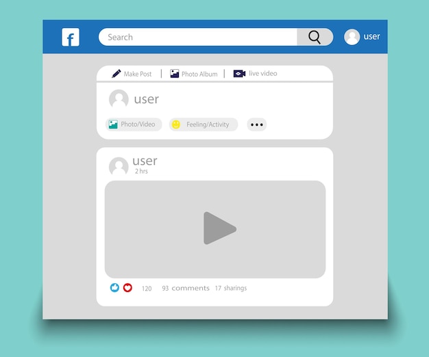 벡터 인터페이스 소셜 미디어 페이스북 소셜 미디어 포스트 페이스북 인터페이스가 있는 모형