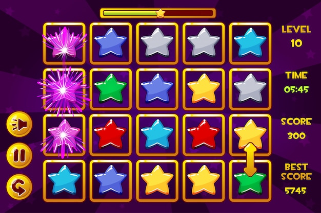 Interfaccia star match3 games. stelle multicolori, icone delle risorse di gioco e pulsanti