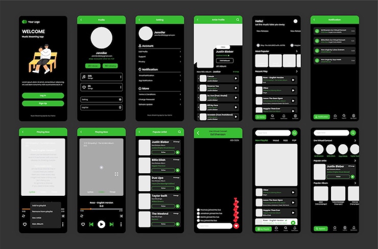 Vector interface voor muziekstreaming-app met 18 schermen