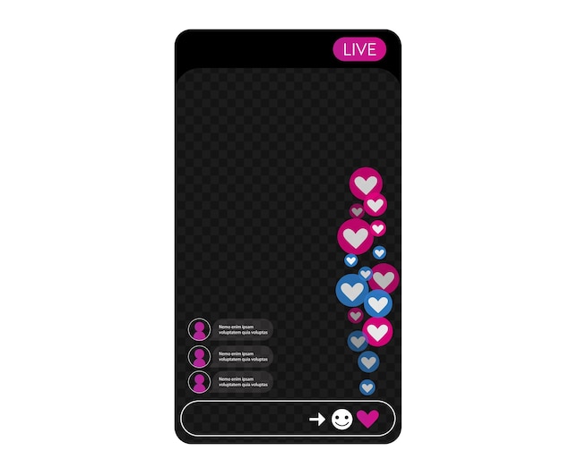 Interface with stream of flying hearts. Like elements for social media live translation. Vector illustration.
