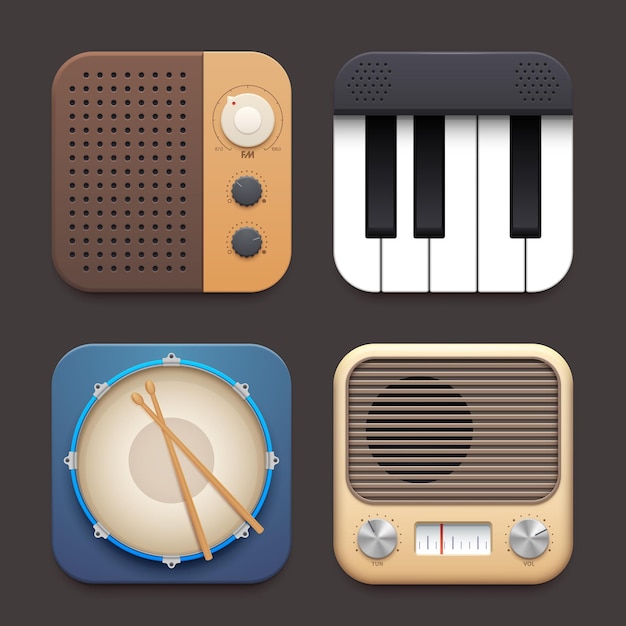 Interfacepictogram voor fm-radio, piano en drummuziek