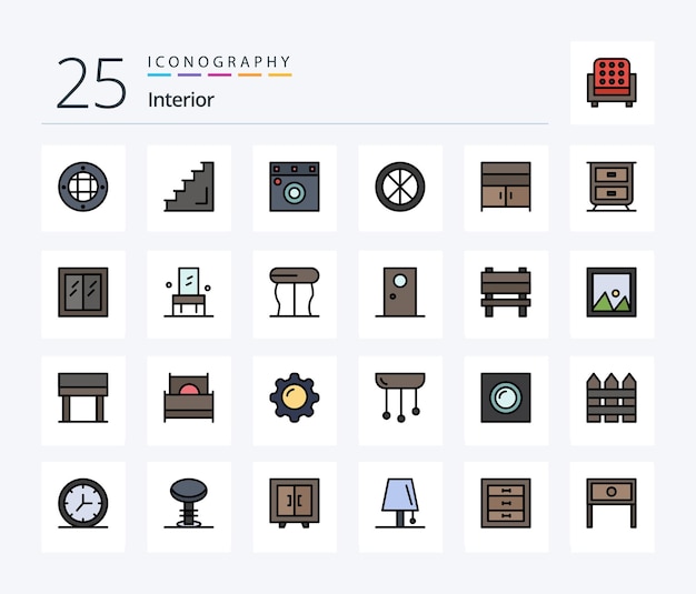 Interieur 25 line filled icon pack inclusief kast interieur trap huishoudelijke decoratie