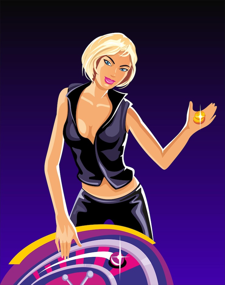 Vector interieur casino met mensen lucky woman die gokautomaten speelt