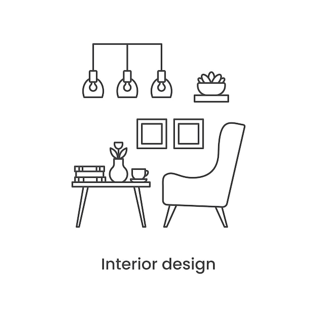Vector interieur design lijn icoon concept woonkamer interieur lijn vectorillustratie op witte achtergrond