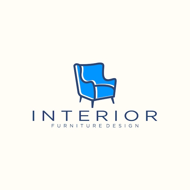 Interieur logo-ontwerp met blauwe bank in lijnstijl