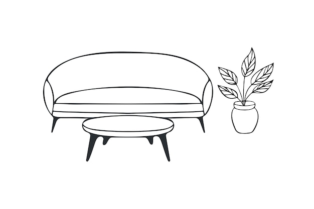 Interieur minimalistisch stijl gezellige bank en koffietafel en bloempot in pot contour gestileerde tekening