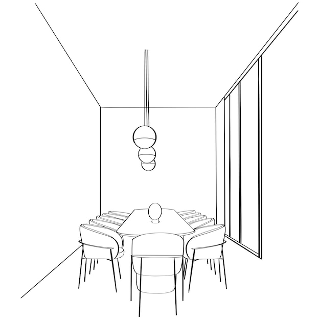 Interieur schetsruimte kantoor vergaderzaal werkplekken tafels stoelen en ramen