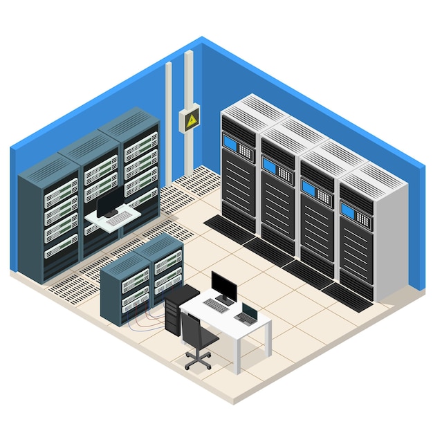 Vector interieur serverruimte isometrische weergave computertechnologie datacenter systeem communicatieapparatuur. vector illustratie