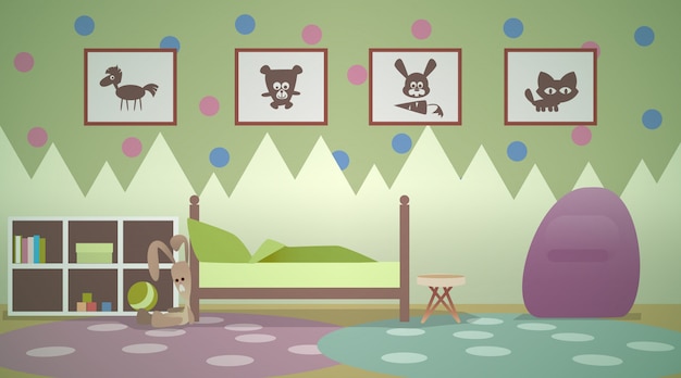 Vector interieur van de kinderkamer in groene kleuren. bed van tiener. speelkamer en slaapkamer. cartoon silhouetten van dieren in foto's op muren