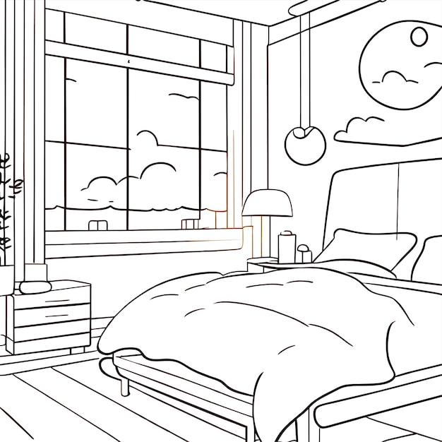 Interieur van de slaapkamer met dubbelbed cartoon gezellige kamer gevuld met zonlicht voor slapen en ontspannen