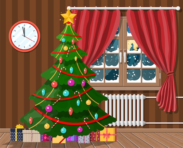 Interieur van kamer met kerstboom en geschenken. gelukkig nieuwjaar decoratie. vrolijk kerstfeest. nieuwjaar en kerstmisviering. illustratie vlakke stijl