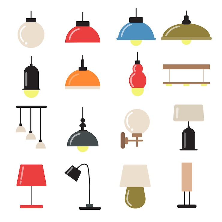 Vector interieurinrichting met moderne lampen en kroonluchters. vector symbolen van licht