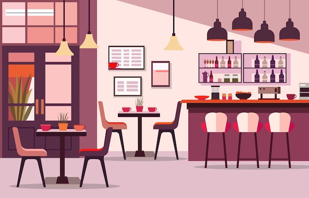 Interieurlandschap in een café-restaurant met bar en stoeltje voor de klant