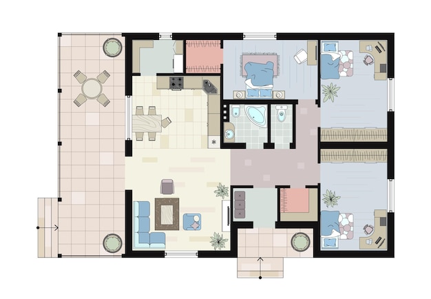 Interieurontwerp gekleurde plattegrond bovenaanzicht architecturale plattegrond van een huis met meubels blauwdruk