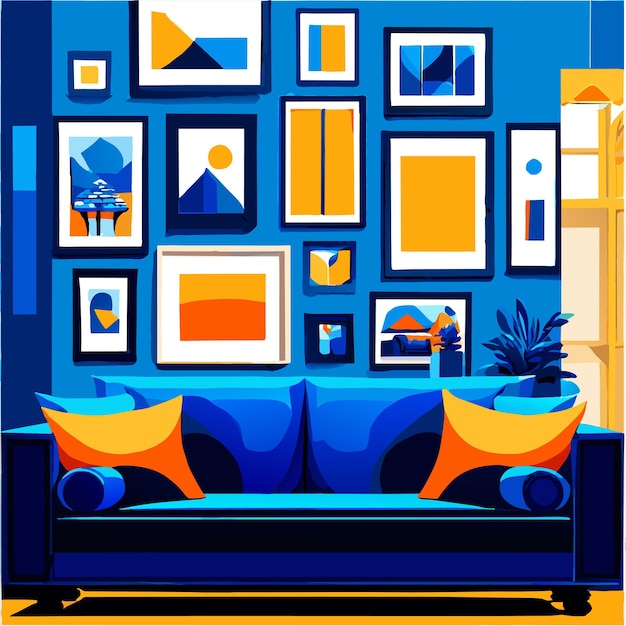 Vector interieurontwerp met fotolijsten en blauwe vectorillustratie van de bank