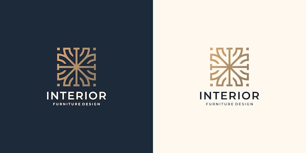 Interior abstract logo in square concept with minimalist line art style design template.