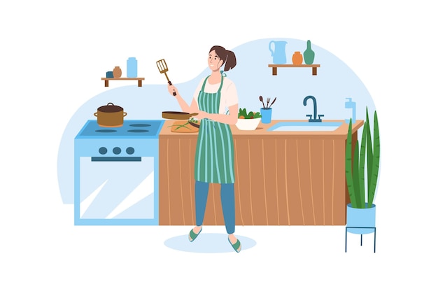 Interior blue concept with people scene in the flat cartoon design woman prepares dinner