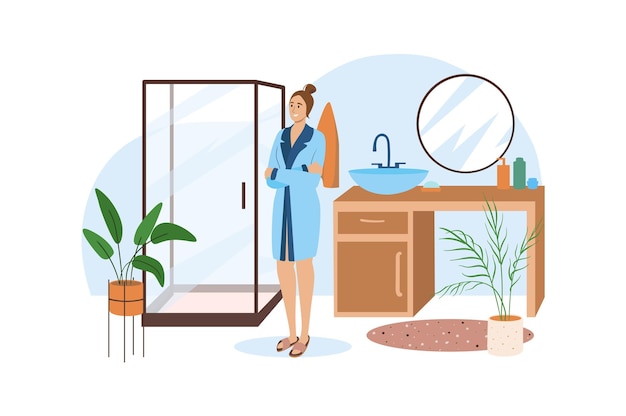 Interior blue concept with people scene in the flat cartoon style woman wants to accept