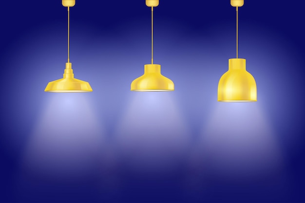 Интерьер синей стены с желтыми старинными педантными лампами. Набор ламп в стиле ретро.