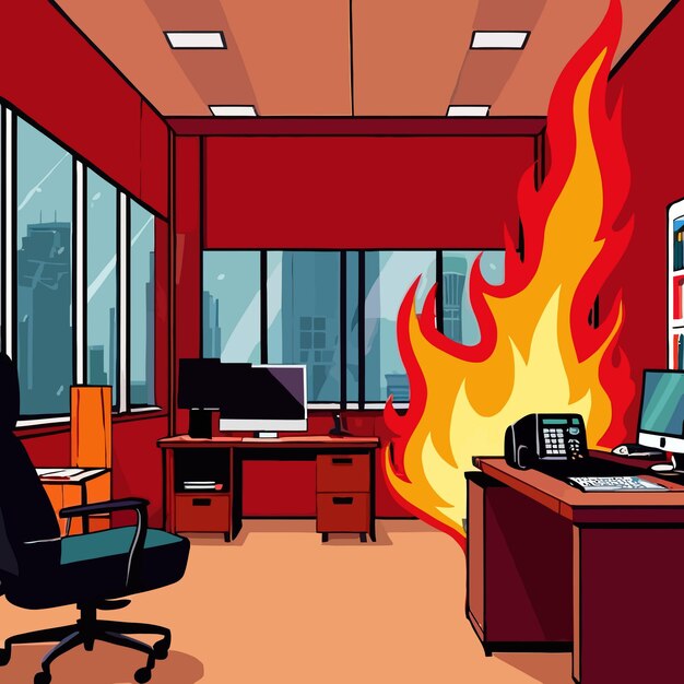 Interior of a business office room on fire vector clipart illustration