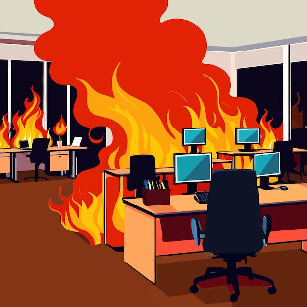 Interior of a business office room on fire vector clipart illustration