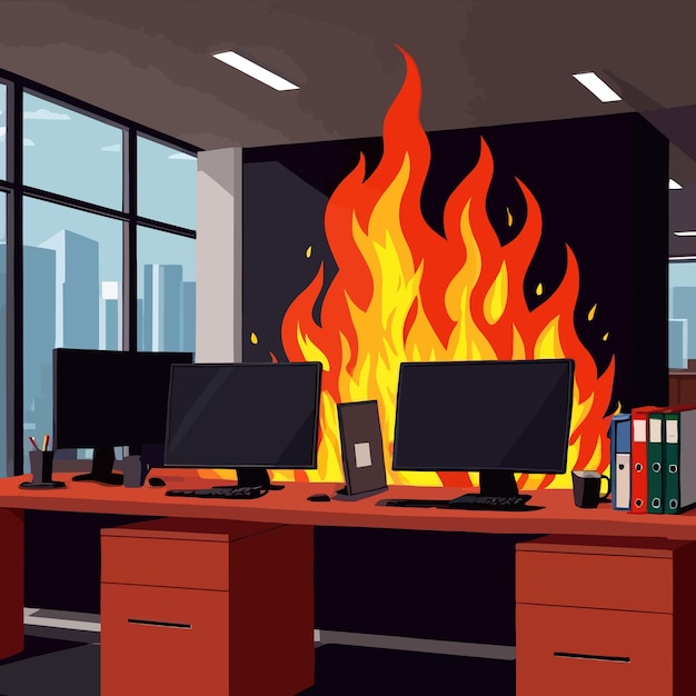 Vector interior of a business office room on fire vector clipart illustration