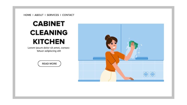 interior cabinet cleaning kitchen vector housekeeping service housework housewife indoors young interior cabinet cleaning kitchen web flat cartoon illustration