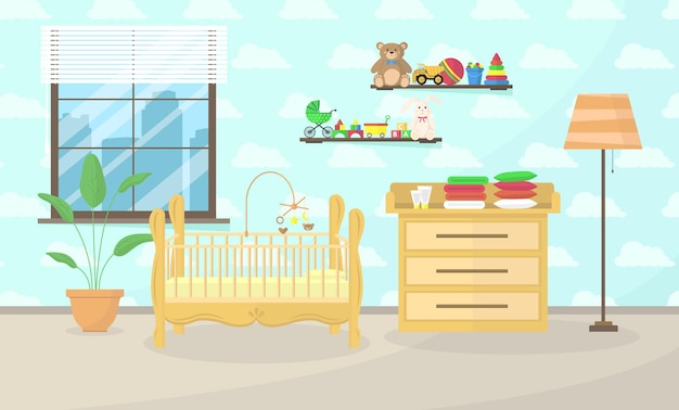 interior of a childrens room with a crib changing table and toys concept of a childrens room