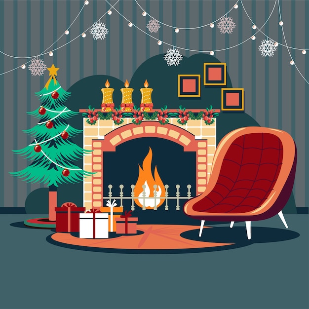 Vector interior christmas with magic glowing christmas tree fireplace and gifts