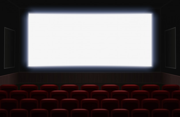 Vettore interno di un cinema con schermo bianco bianco lucido. sedili rossi del cinema o del teatro davanti allo schermo. illustrazione vuota del fondo della sala del cinema
