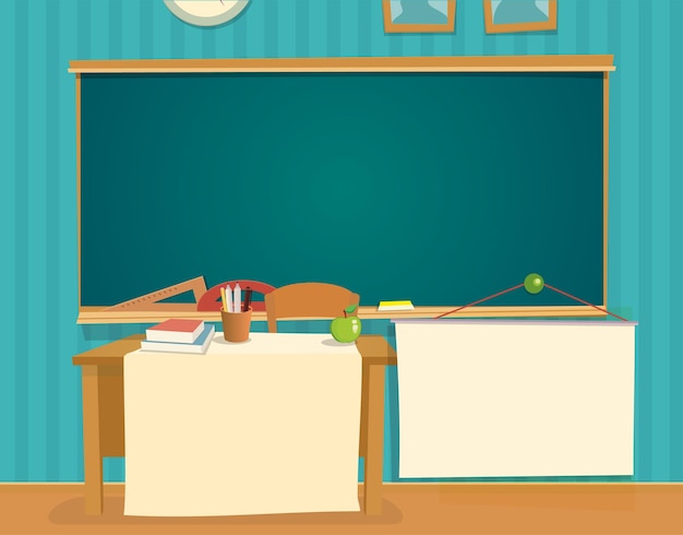 Vector interior of classroom with desk and blackboard vector flat color illustration isolated