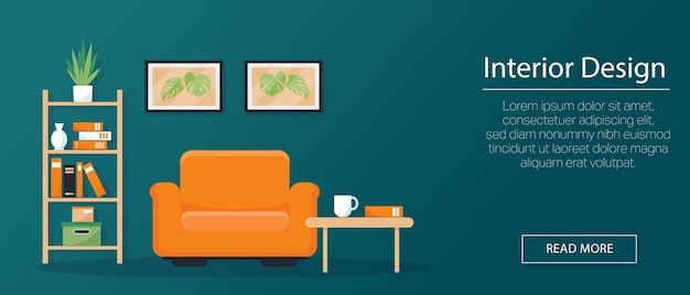 Interior  concept, banner or background. armchair, bookshelf and pictures on the wall in  style.  illustration