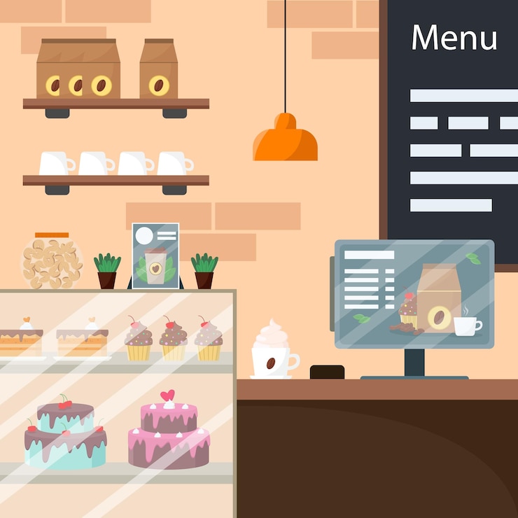 Vector interior of a cozy coffee shop coffee tea desserts in one composition monitor for orders