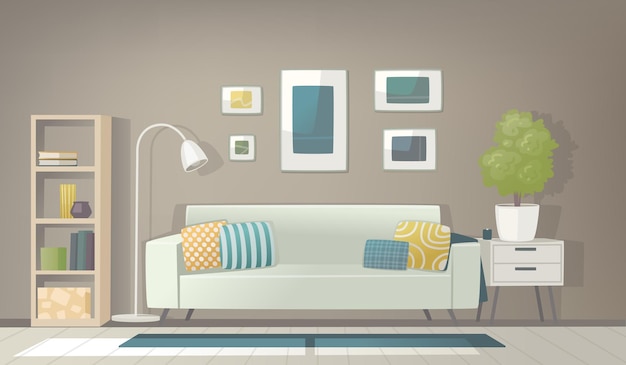 Vector interior of a cozy living room with sofa pieces furniture accessories paintings plant _ai_generated