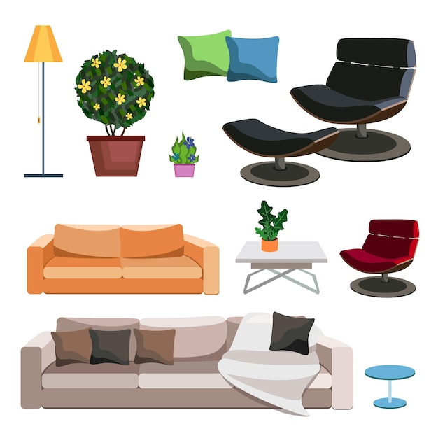 Interior design elements. Items for home and office. Vector