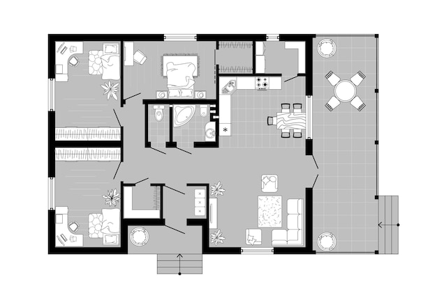 Interior design planimetria vista dall'alto pianta architettonica di una casa sopra appartamento con mobili