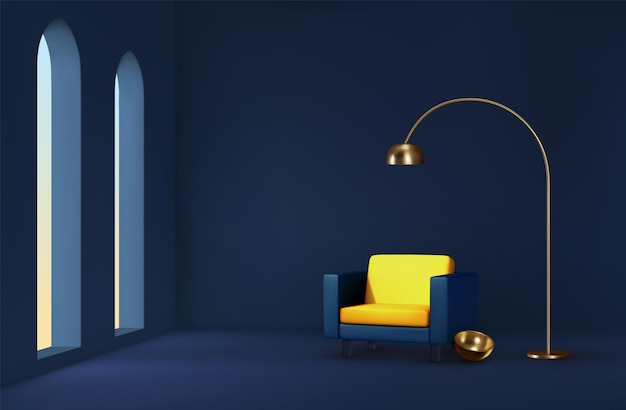 Vettore soggiorno di design d'interni. stanza realistica con grandi finestre e luce solare. poltrona tessuto giallo blu. composizione minima rendering 3d. sfondo confortevole luogo di riposo. illustrazione vettoriale