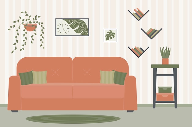 Vettore interior design del soggiorno con mobili